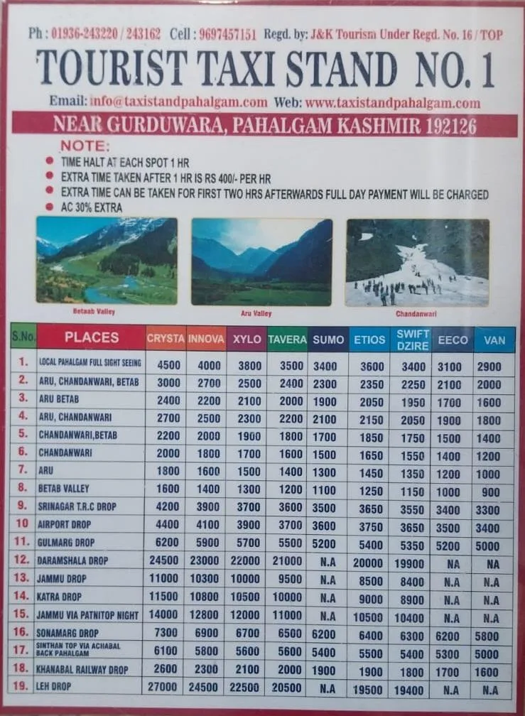 Pahalgam Union Taxi Fare